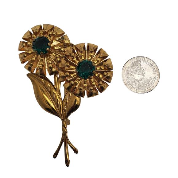 Green Rhinestone Double Flower Brooch Gold Tone Bouquet Spray Pin Large Vtg 40s - Picture 9 of 9